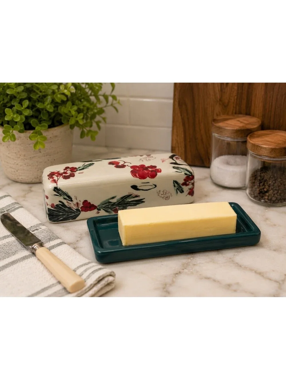 Anthropologie Holly Berry Stoneware Butter Dish Green Base Holiday Kitchen Decor